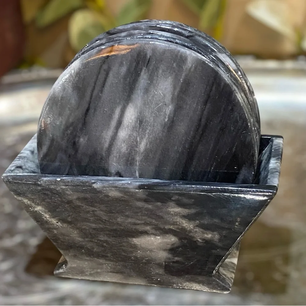 Vintage Set 6 Marble Natural Stone Coasters with Matching Holder Black Gray